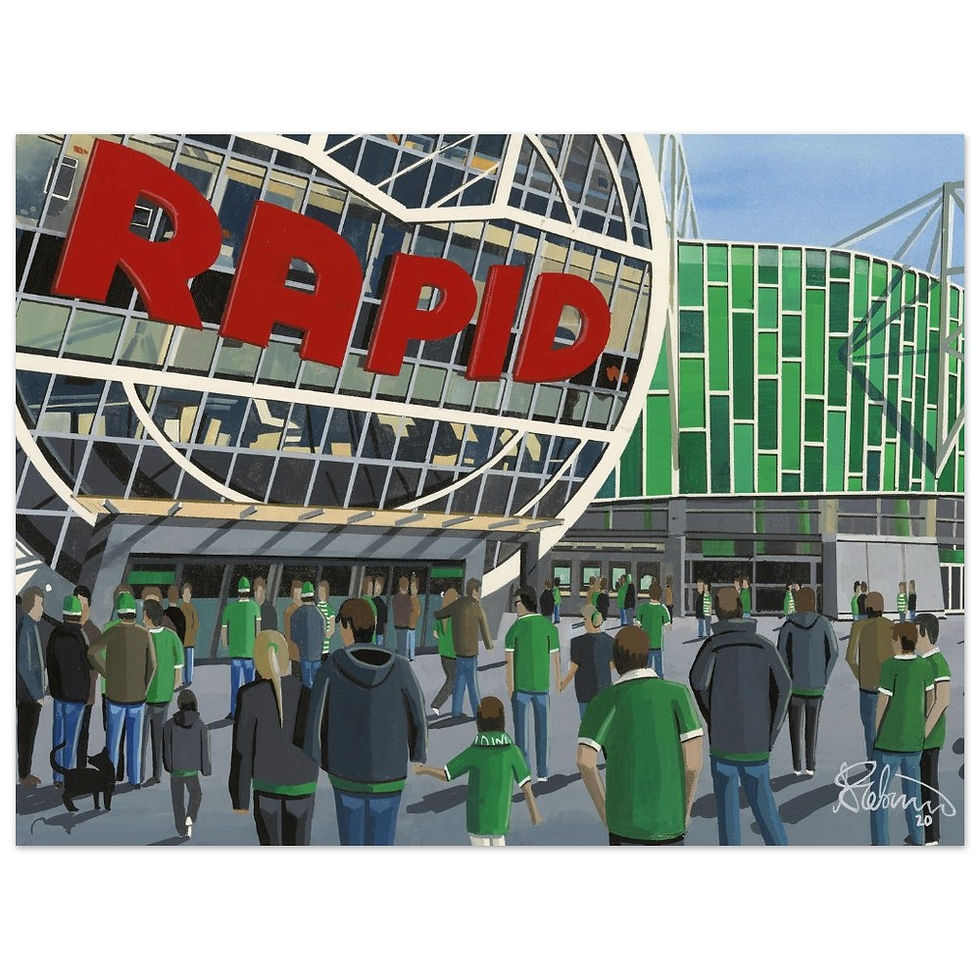 Thumbnail: Rapid Vienna Allianz Stadion football stadium scene by artist Andrew Robinson andrewrobinsonart.com. Available in fine art print, poster, canvas prints and mugs etc 