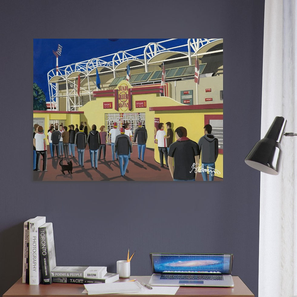 Thumbnail: Catalans Dragons Stade Gilbery Brutus  football stadium scene by artist Andrew Robinson andrewrobinsonart.com. Available in fine art print, poster, canvas prints and mugs etc 