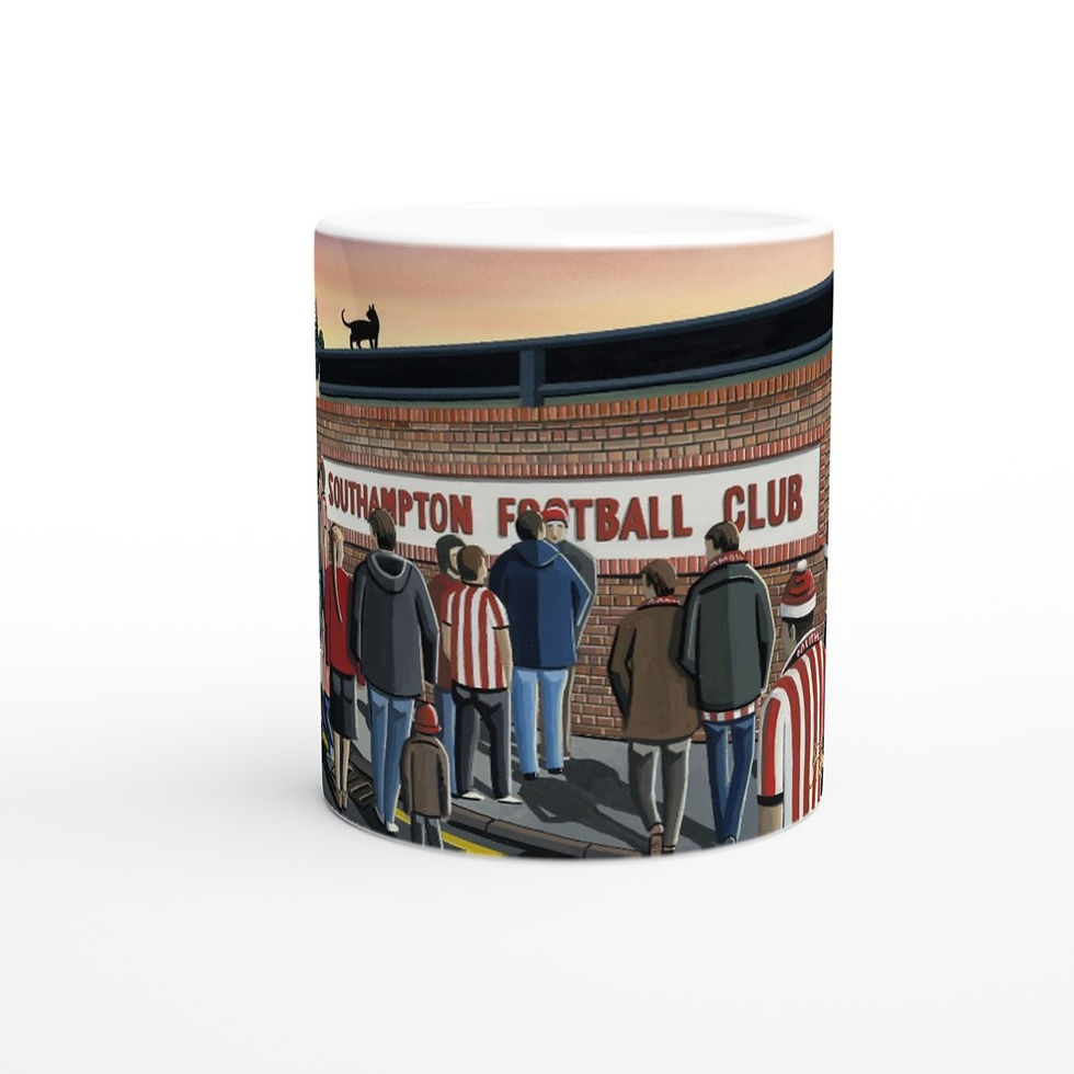 Thumbnail: Southampton Fc retro The Dell football stadium by Artist Andrew Robinson andrewrobinsonart.com, Andrew Robinson art .Framed Fine Art Prints, Posters, Canvas Prints, Framed canvas prints, Ceramic Mugs etc sport, football, rugby, NFL
