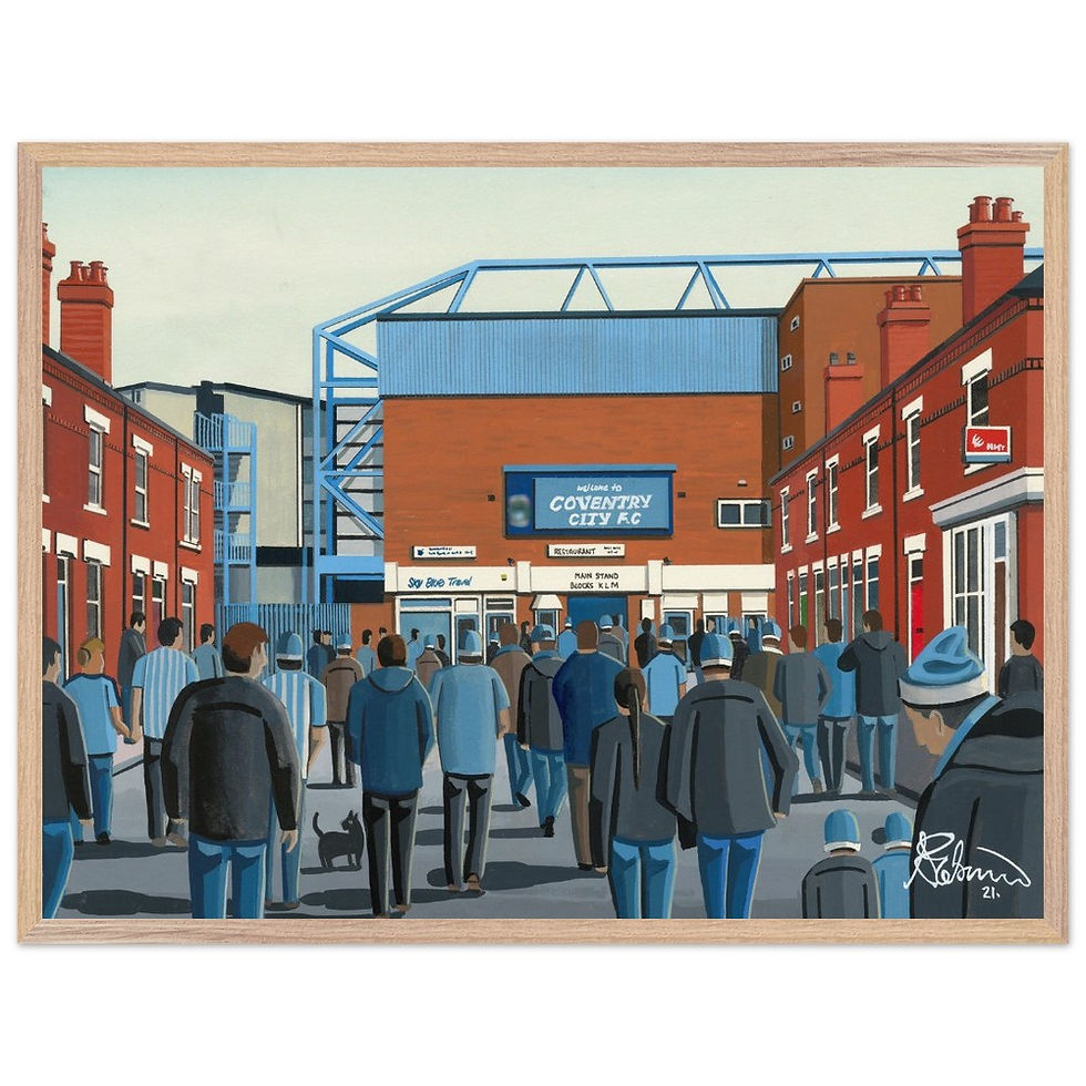 Thumbnail: Coventry City FC retro Highfield Road football stadium scene by artist Andrew Robinson andrewrobinsonart.com. Available in fine art print, poster, canvas prints and mugs etc 