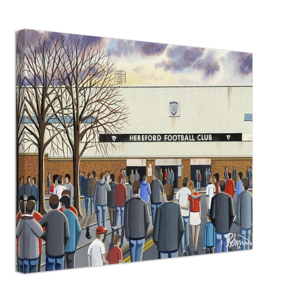 Hereford F.C, Football Stadium By Artist Andrew Robinson andrewrobinsonart.com, Andrew Robinson art .Framed Fine Art Prints, Posters, Canvas Prints, Framed canvas prints, Ceramic Mugs etc sport, football, rugby, NFL