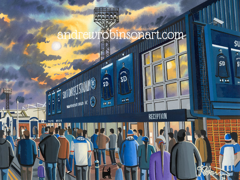 Thumbnail: Hartlepool United FC Victoria Park football  stadium By Artist Andrew Robinson andrewrobinsonart.com, Andrew Robinson art .Framed Fine Art Prints, Posters, Canvas Prints, Framed canvas prints, Ceramic Mugs etc sport, football, rugby, NFL