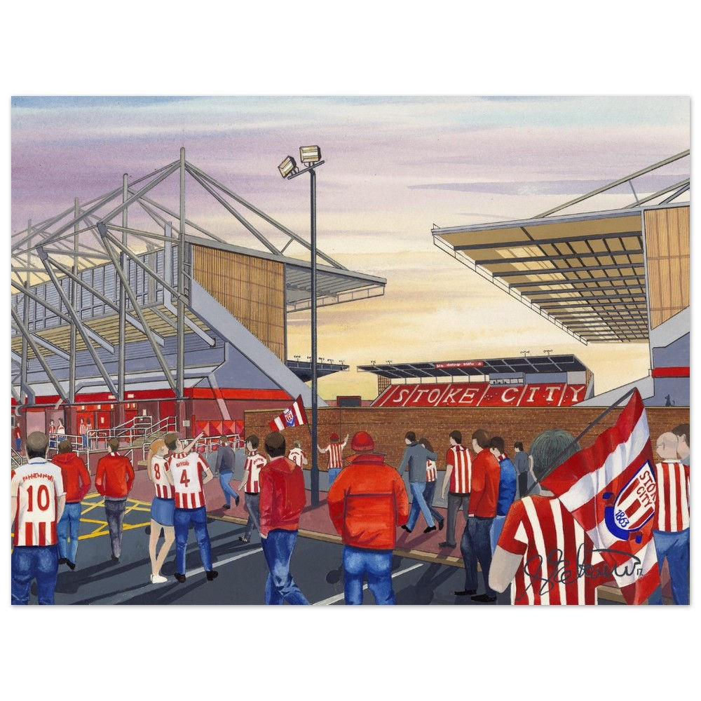 Stoke City FC football stadium scene by artist Andrew Robinson andrewrobinsonart.com. Available in fine art print, poster, canvas prints and mugs etc 
