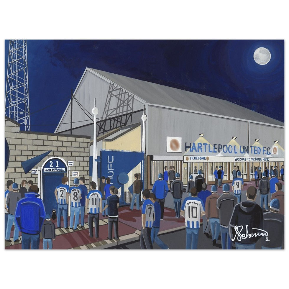 Hartlepool United FC retro Victoria Park football stadium scene by artist Andrew Robinson andrewrobinsonart.com. Available in fine art print, poster, canvas prints and mugs etc