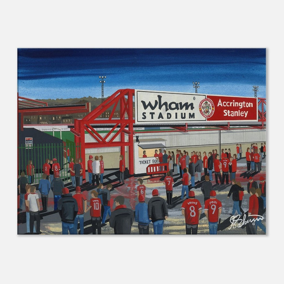 Thumbnail: Accrington Stanley FC Retro Crown Ground Football Stadium Scene by artist Andrew Robinson andrewrobinsonart.com. Available in fine art print, poster, canvas prints and mugs etc 