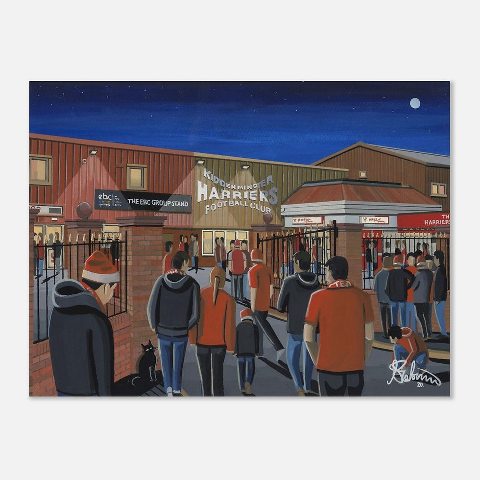 Thumbnail: Kidderminster Harriers FC Aggborough football stadium By Artist Andrew Robinson andrewrobinsonart.com, Andrew Robinson art .Framed Fine Art Prints, Posters, Canvas Prints, Framed canvas prints, Ceramic Mugs etc sport, football, rugby, NFL
