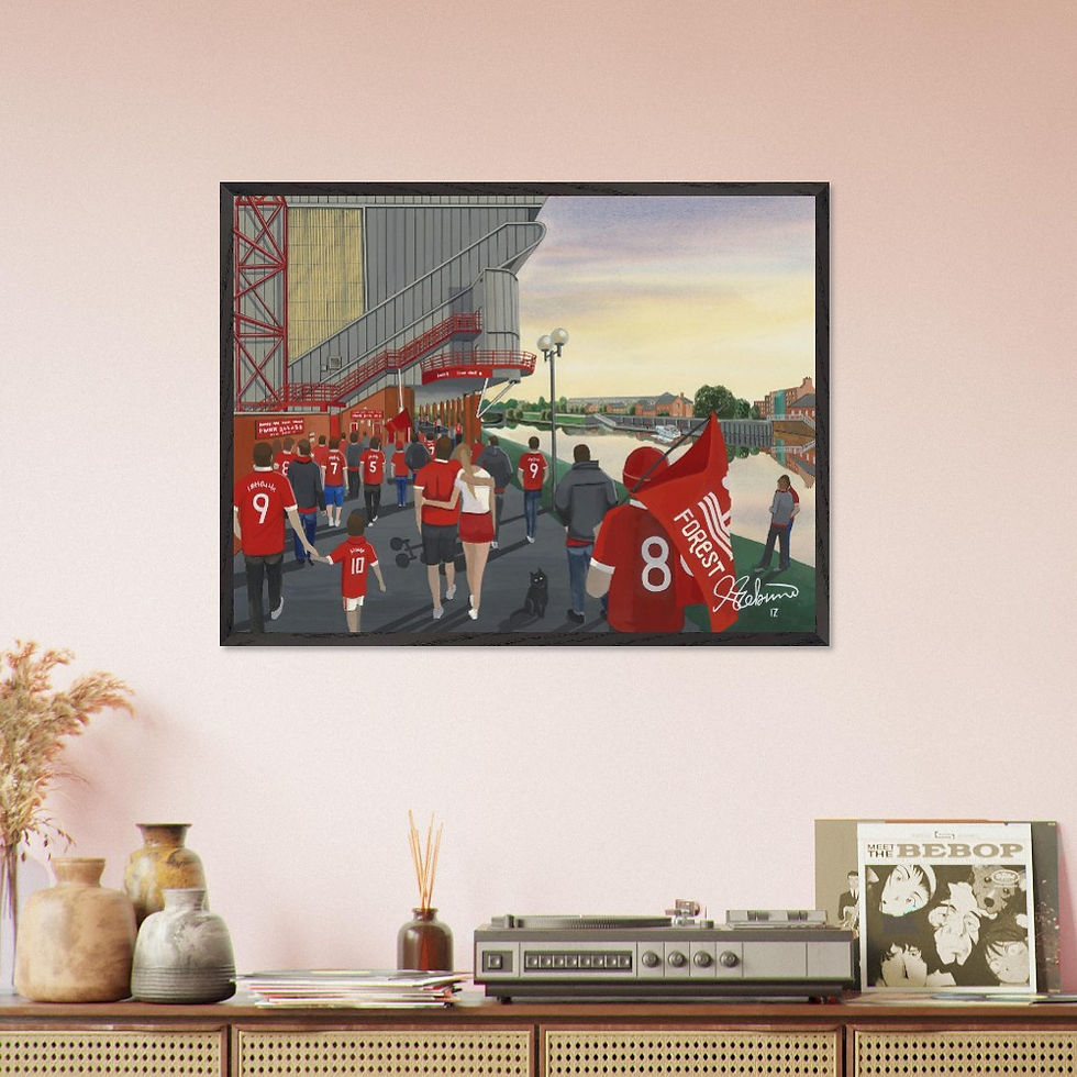 Thumbnail: Nottingham Forest FC City Ground football stadium scene by artist Andrew Robinson andrewrobinsonart.com. Available in fine art print, poster, canvas prints and mugs etc 