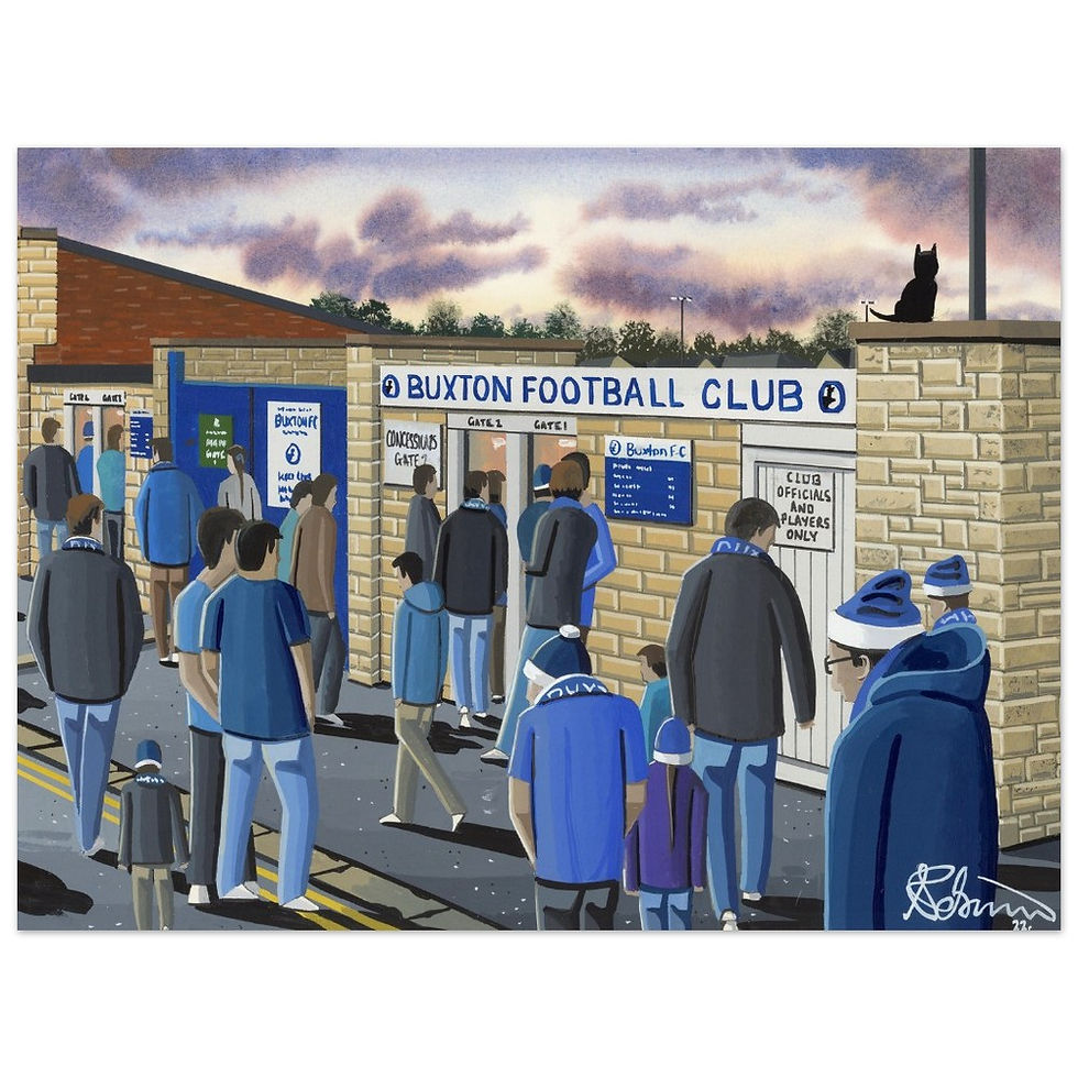 Thumbnail: Buxton FC The Silverlands  football stadium scene by artist Andrew Robinson andrewrobinsonart.com. Available in fine art print, poster, canvas prints and mugs etc