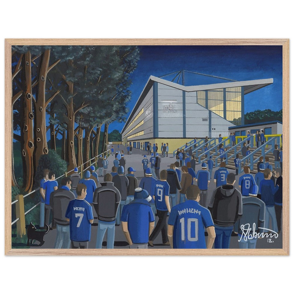 Thumbnail: Halifax Town The Shay Stadium Scene by artist Andrew Robinson andrewrobinsonart.com. Available in fine art print, poster, canvas prints and mugs etc 