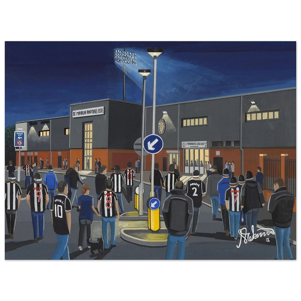 St Mirren FC, Mirren Park Football Stadium Scene by artist Andrew Robinson andrewrobinsonart.com. Available in fine art print, poster, canvas prints and mugs etc