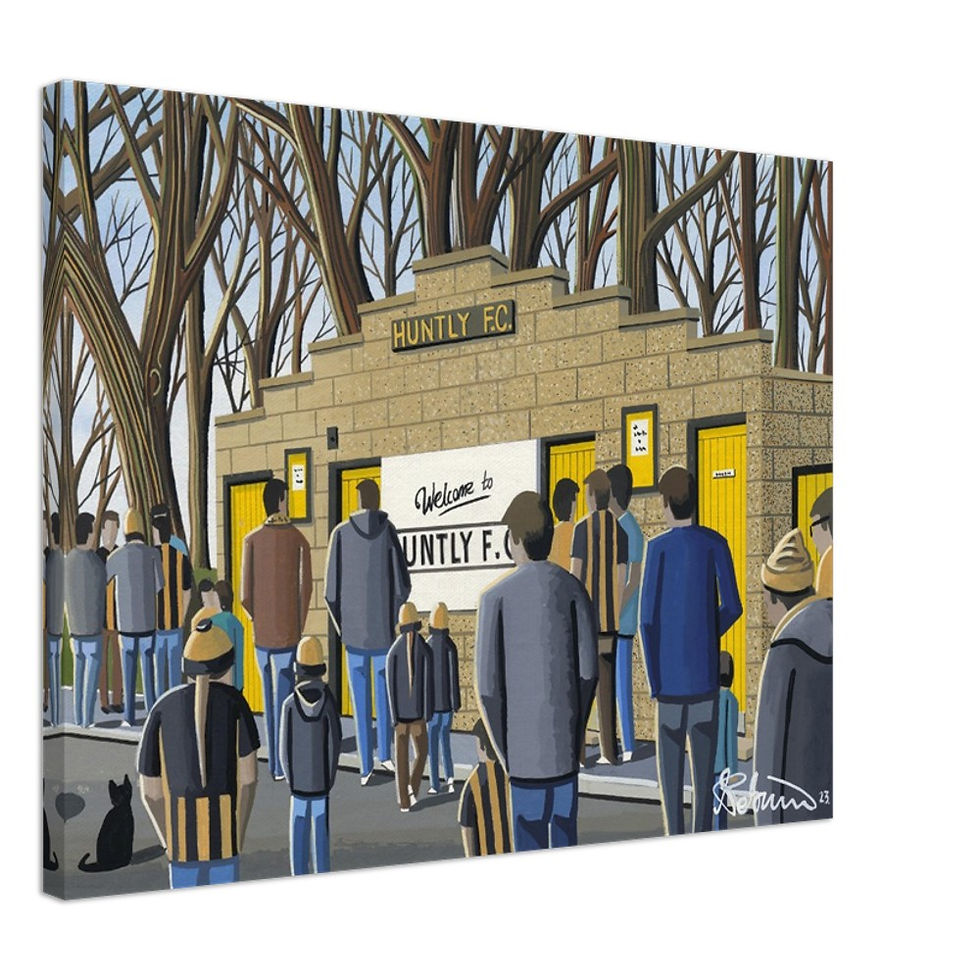 Huntly F.C, Football Stadium By Artist Andrew Robinson andrewrobinsonart.com, Andrew Robinson art .Framed Fine Art Prints, Posters, Canvas Prints, Framed canvas prints, Ceramic Mugs etc sport, football, rugby, NFL