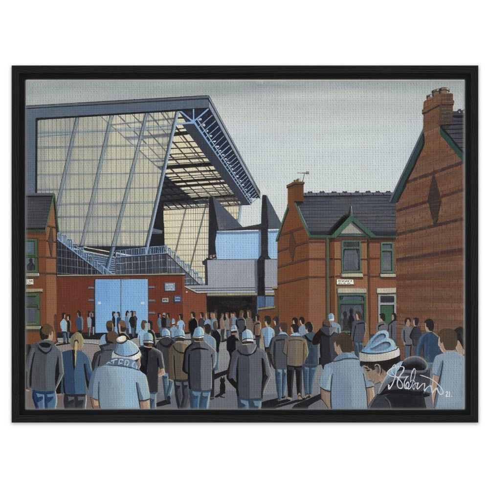 Manchester City F.C Maine Road Football Stadium By Artist Andrew Robinson andrewrobinsonart.com, framed Fine Art Prints Posters, Canvas Prints, Ceramic Mugs etc