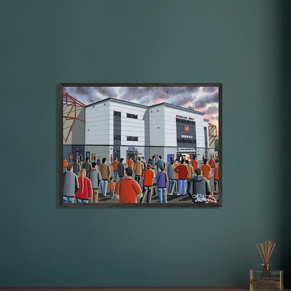 Thumbnail: Morecambe FC football  stadium By Artist Andrew Robinson andrewrobinsonart.com, Andrew Robinson art .Framed Fine Art Prints, Posters, Canvas Prints, Framed canvas prints, Ceramic Mugs etc sport, football, rugby, NFL