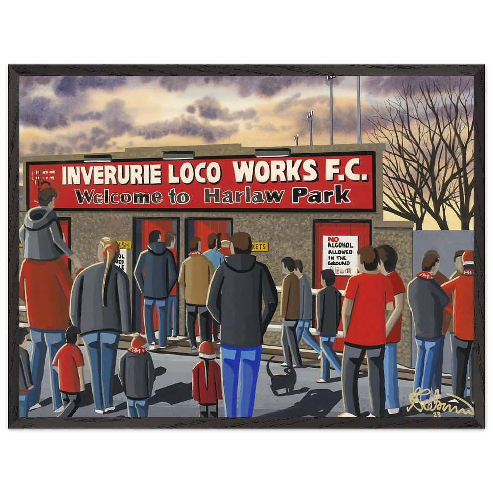 Inverurie Loco Works FC Harlaw Park Football Stadium Scene by artist Andrew Robinson andrewrobinsonart.com. Available in fine art print, poster, canvas prints and mugs etc