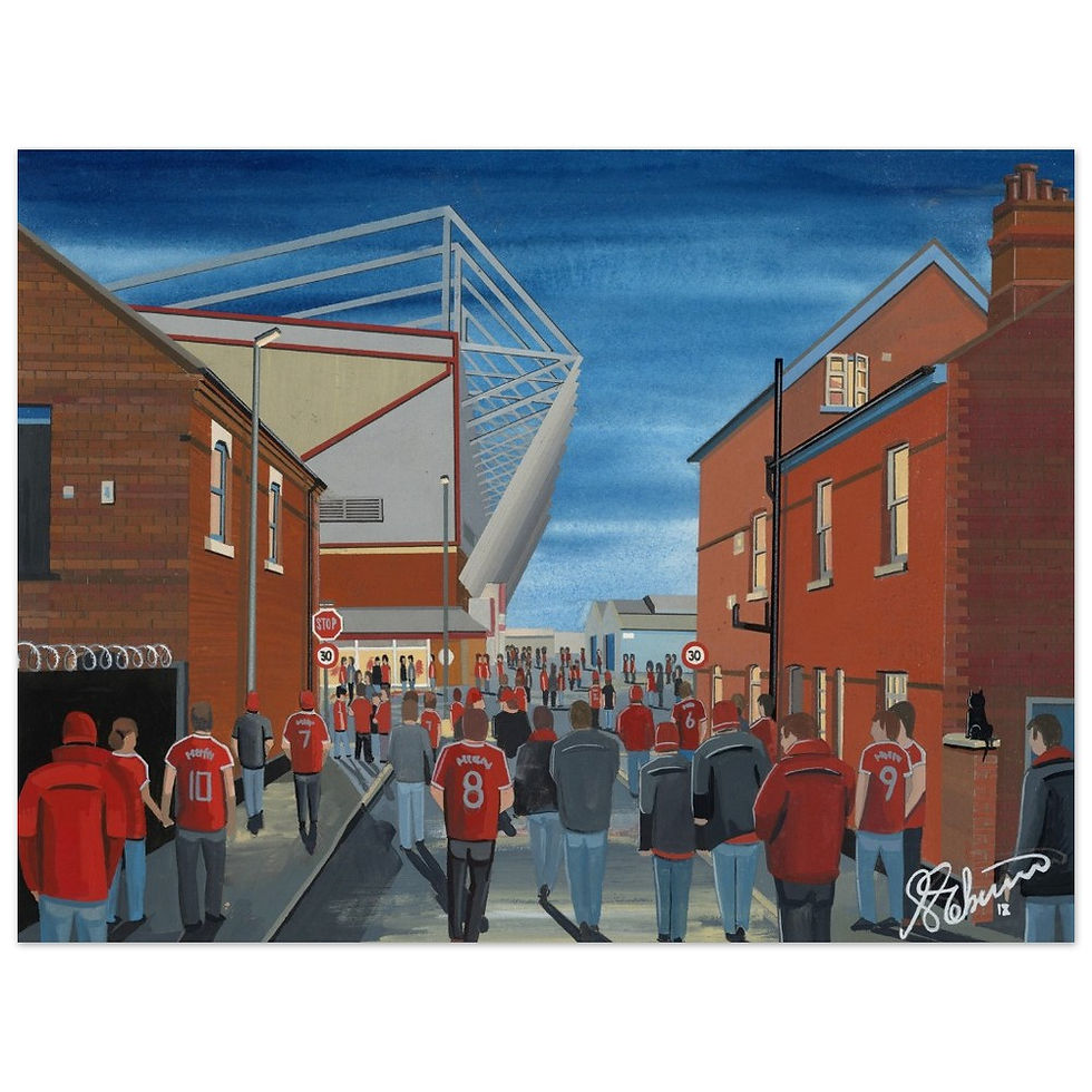 Crewe Alexandra FC Gresty Road Football Stadium Scene by artist Andrew Robinson andrewrobinsonart.com. Available in fine art print, poster, canvas prints and mugs etc 