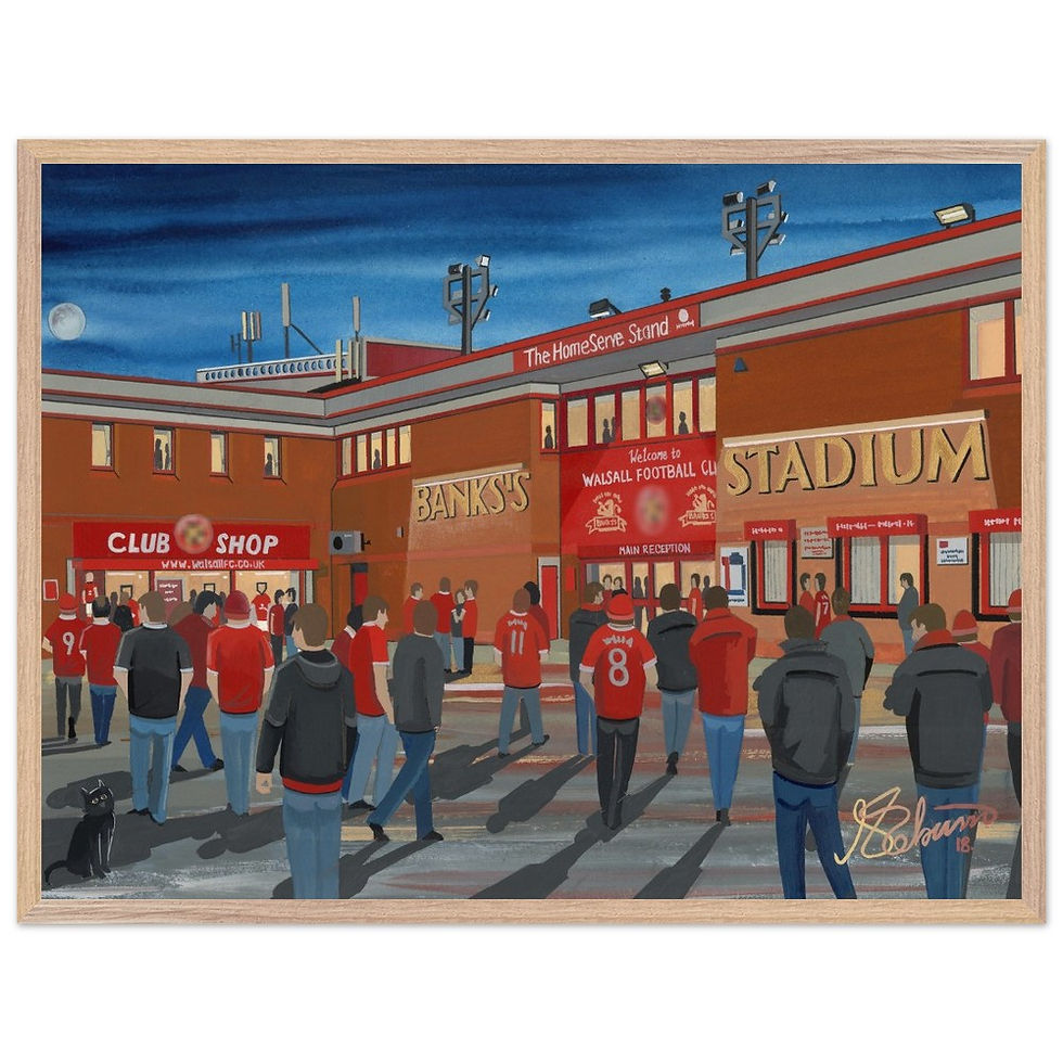Thumbnail: Walsall FC Bescot football stadium scene by artist Andrew Robinson andrewrobinsonart.com. Available in fine art print, poster, canvas prints and mugs etc 