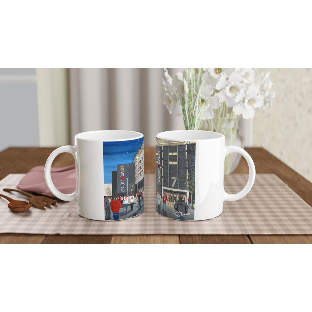 MK Dons FC football stadium scene by artist Andrew Robinson andrewrobinsonart.com. Available in fine art print, poster, canvas prints and mugs etc