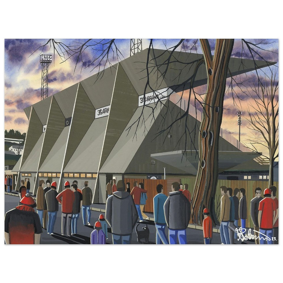 Thumbnail: Gala Fairydean Rovers FC Netherdale football stadium scene by artist Andrew Robinson andrewrobinsonart.com. Available in fine art print, poster, canvas prints and mugs etc 