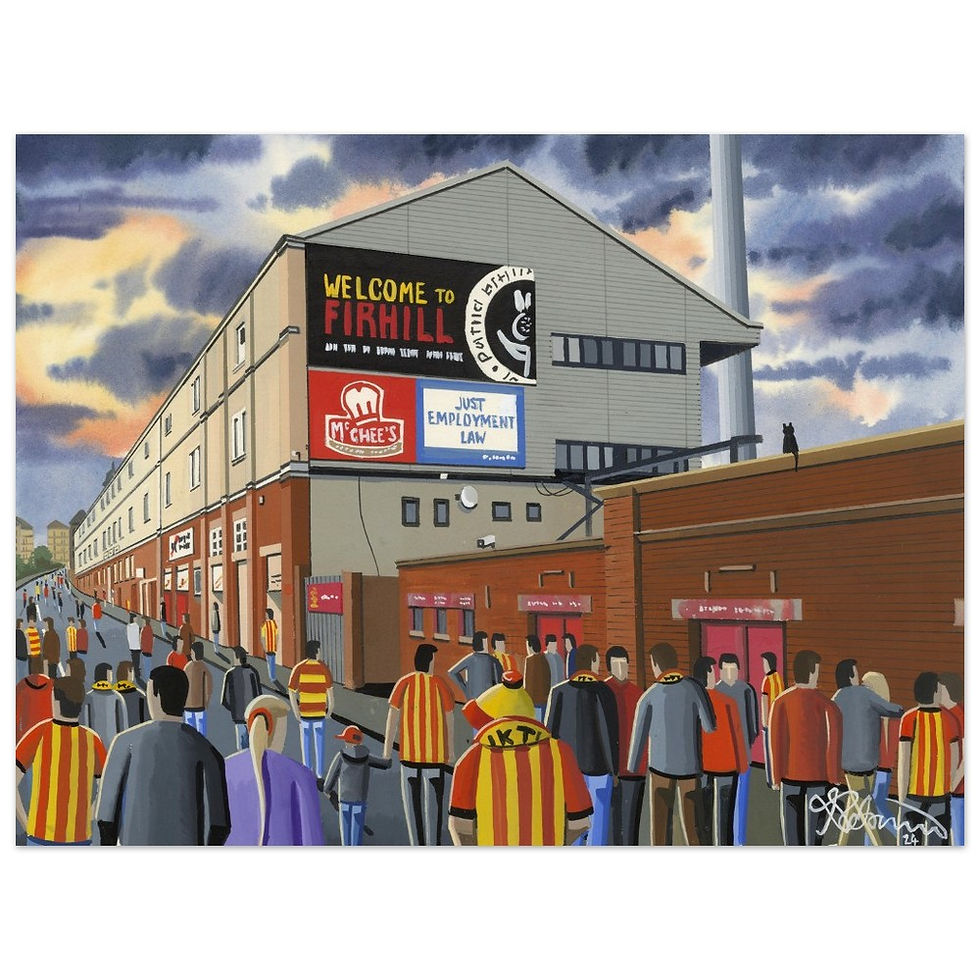 Partick Thistle FC Firhill football stadium scene by artist Andrew Robinson andrewrobinsonart.com. Available in fine art print, poster, canvas prints and mugs etc 