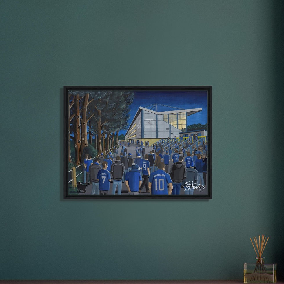 Thumbnail: Halifax Town AFC The Shay  Football Stadium By Artist Andrew Robinson andrewrobinsonart.com, framed Fine Art Prints Posters, Canvas Prints, Ceramic Mugs etc