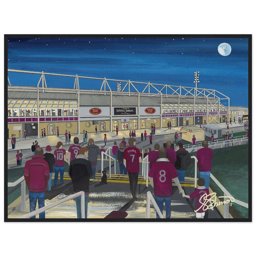 Northampton Town FC, Sixfields Football Stadium Scene by artist Andrew Robinson andrewrobinsonart.com. Available in fine art print, poster, canvas prints and mugs etc