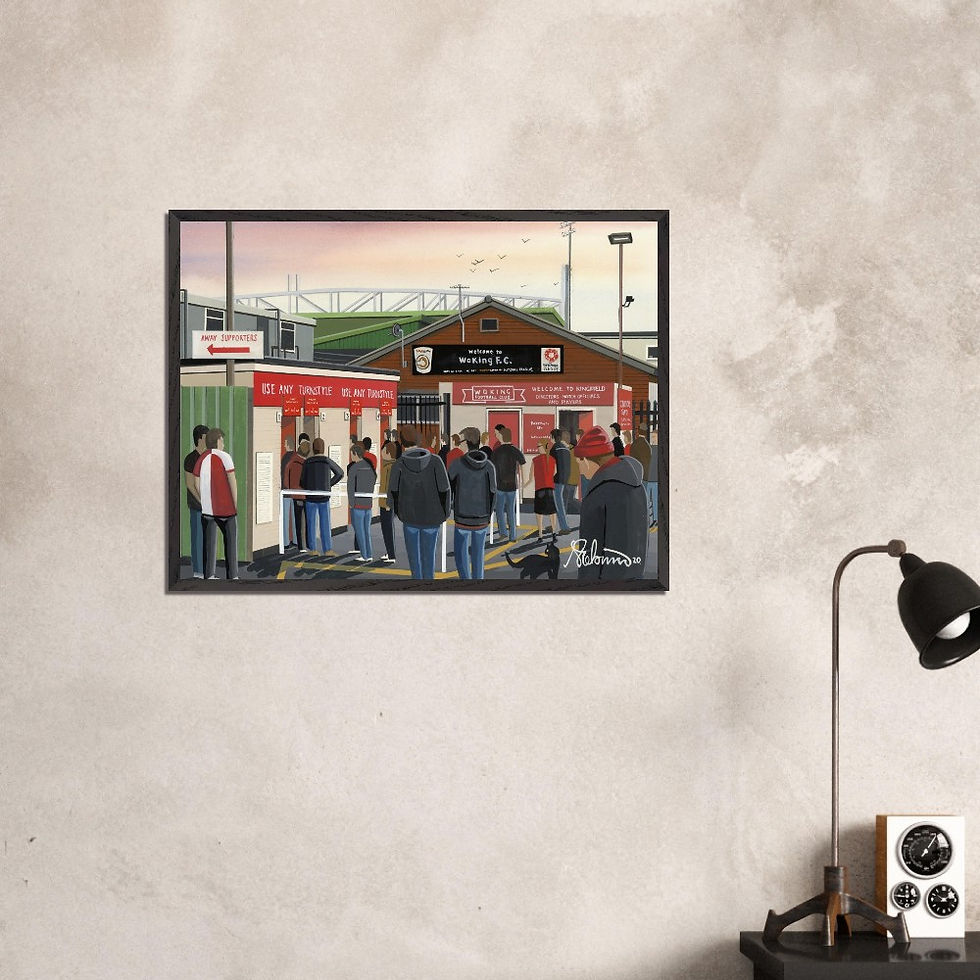 Thumbnail: Woking FC Kingfield football stadium scene by artist Andrew Robinson andrewrobinsonart.com. Available in fine art print, poster, canvas prints and mugs etc 