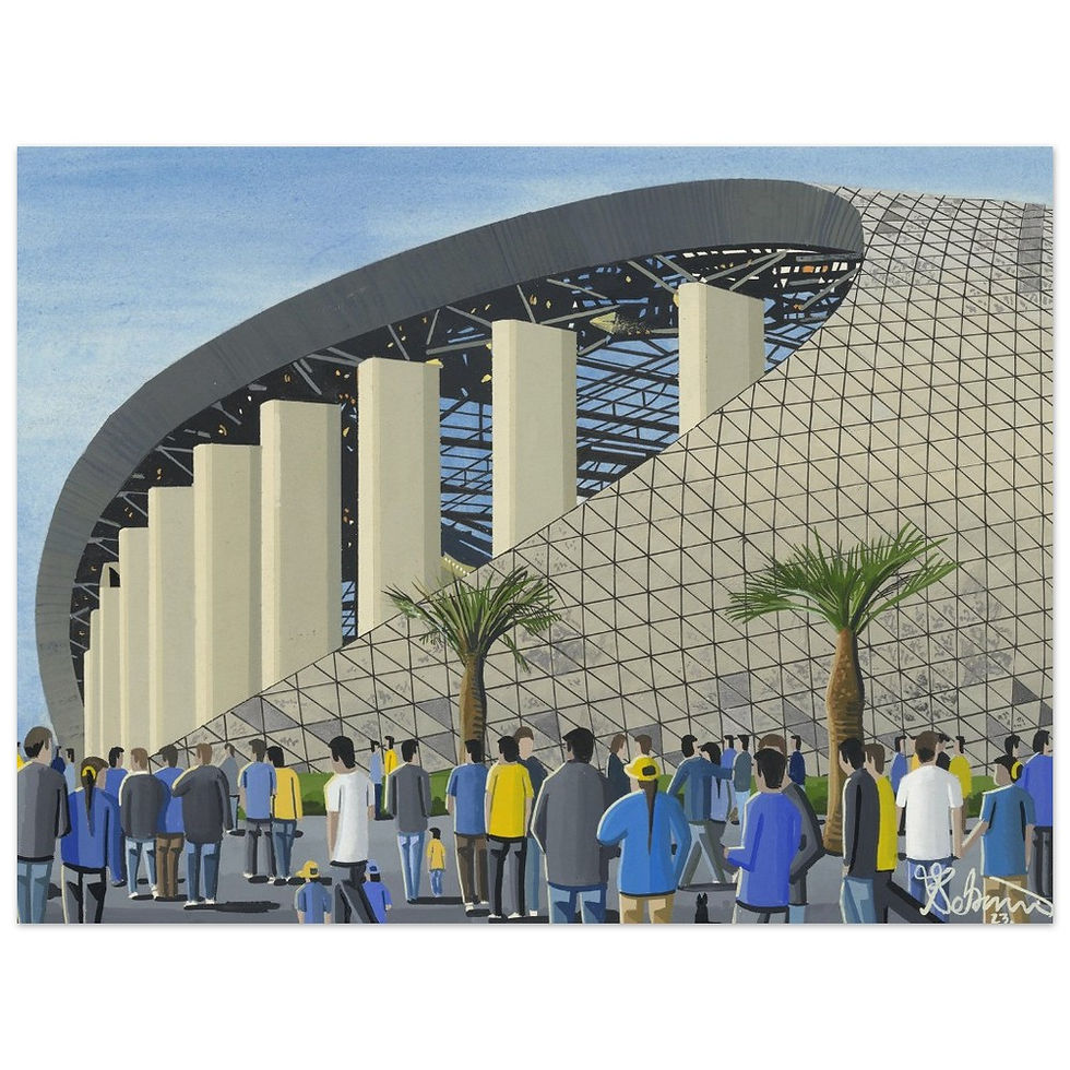 los ángeles chargers and rams sofí stadium framed art print canvas print poster printed ceramic mug by artist Andrew Robinson Andrew Robinson art rugby NFL football soccer stadium gifts art memorabilia andrewrobinsonart.com