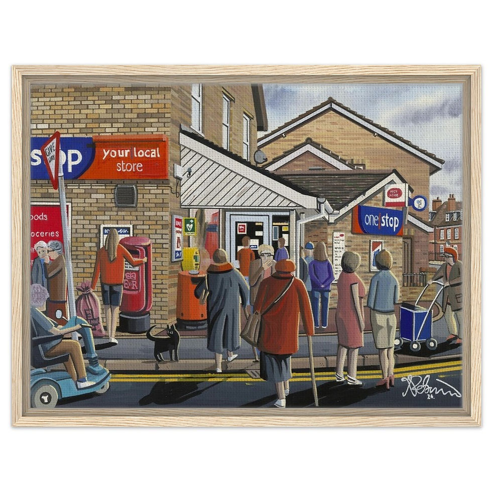 Thumbnail: Needingworth village shop, Cambridgeshire snow winter scene by artist Andrew Robinson andrewrobinsonart.com. Available in fine art print, poster, canvas prints and mugs etc