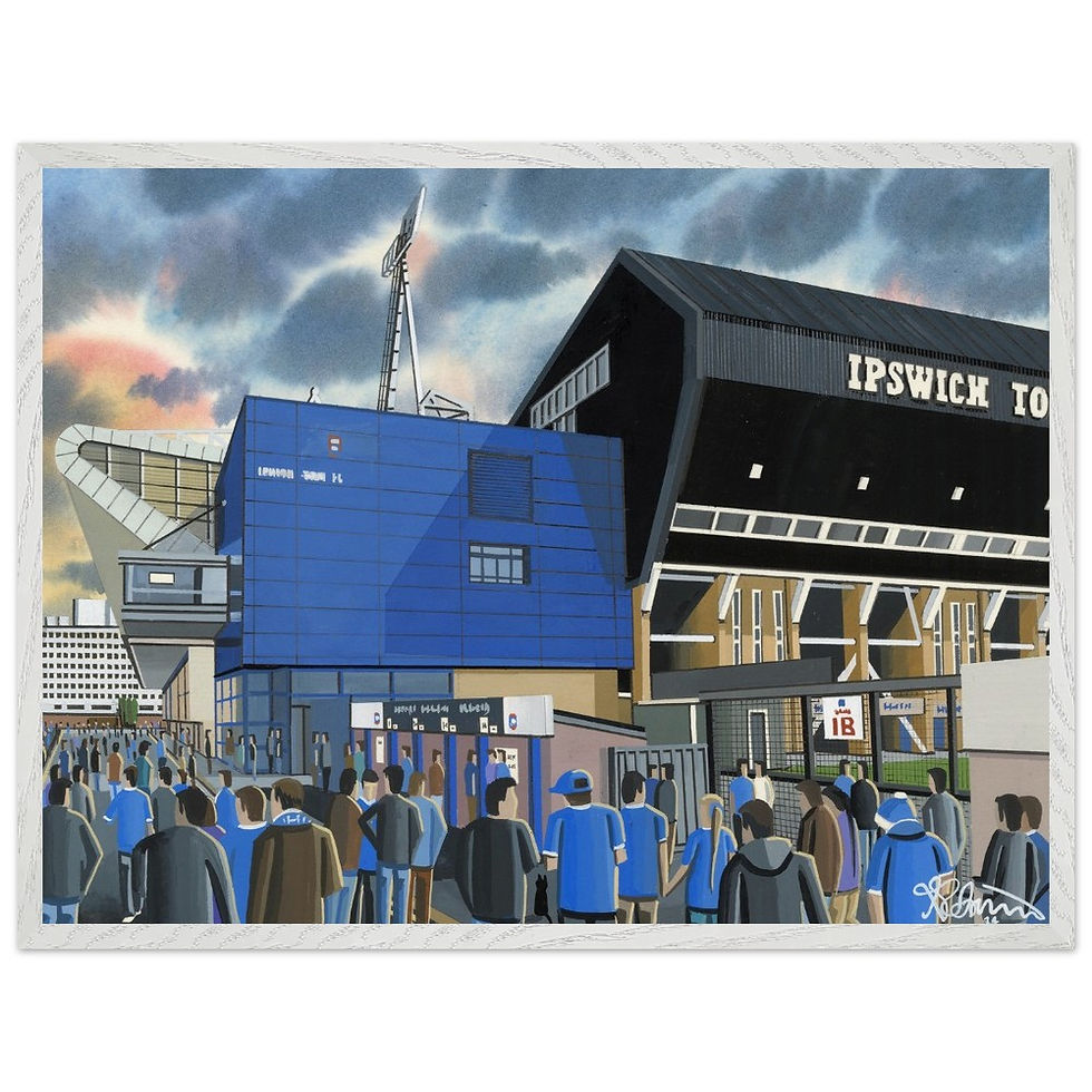 Thumbnail: Ipswich Town FC Portman Road  football stadium scene by artist Andrew Robinson andrewrobinsonart.com. Available in fine art print, poster, canvas prints and mugs etc 