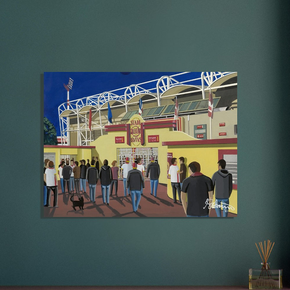 Thumbnail: Catalans Dragons Stade Gilbery Brutus  football stadium scene by artist Andrew Robinson andrewrobinsonart.com. Available in fine art print, poster, canvas prints and mugs etc 