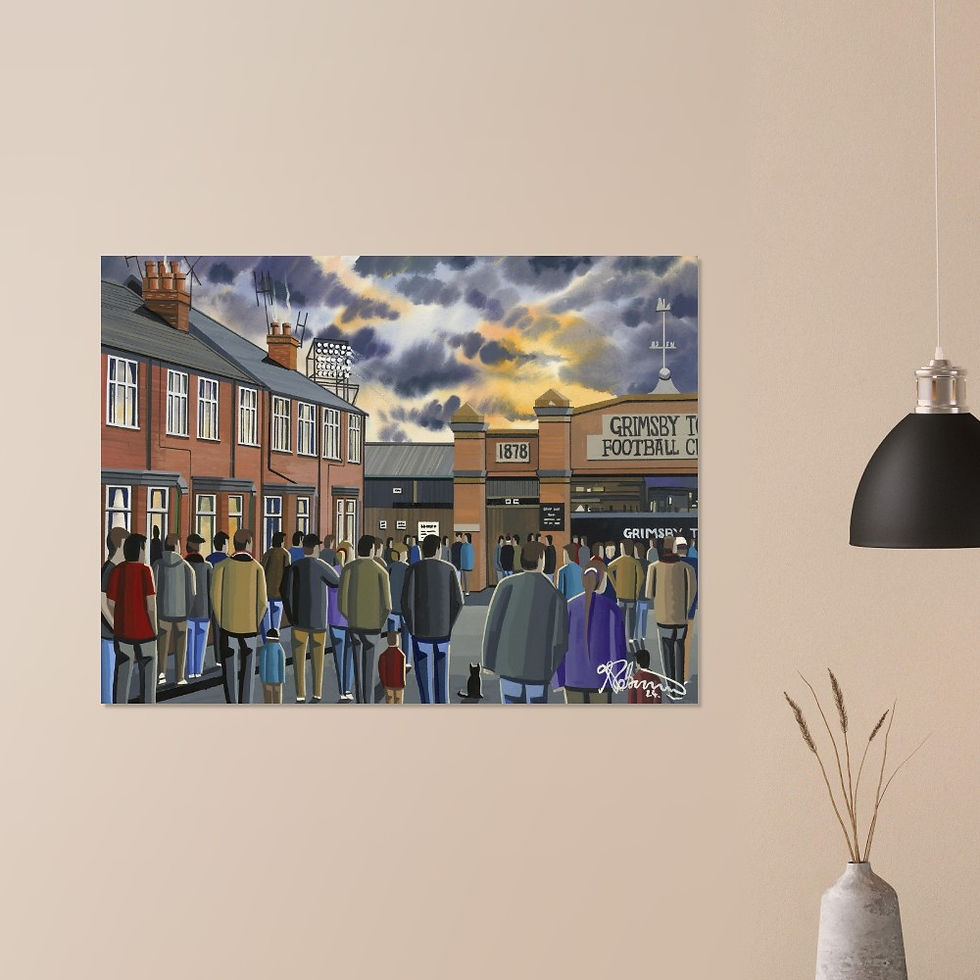 Thumbnail: Grimsby Town FC retro Blundell Park football stadium scene by artist Andrew Robinson andrewrobinsonart.com. Available in fine art print, poster, canvas prints and mugs etc 