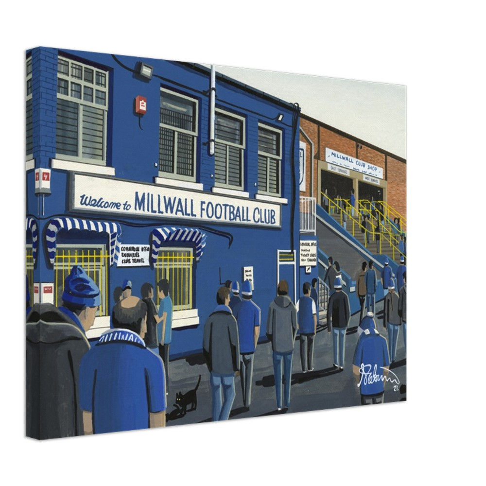 Millwall, Football Stadium By Artist Andrew Robinson andrewrobinsonart.com, Andrew Robinson art .Framed Fine Art Prints, Posters, Canvas Prints, Framed canvas prints, Ceramic Mugs etc sport, football, rugby, NFL