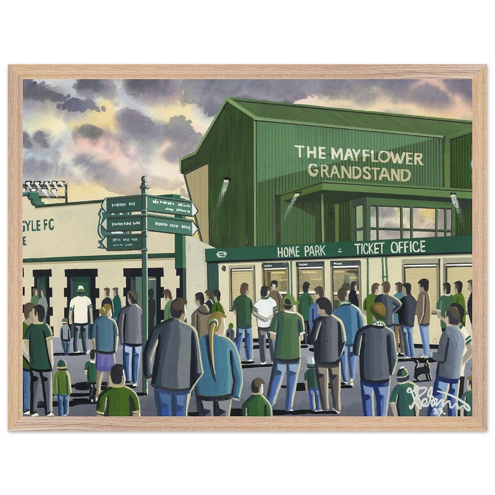 Thumbnail: Plymouth Argyle FC Home Park football stadium scene by artist Andrew Robinson andrewrobinsonart.com. Available in fine art print, poster, canvas prints and mugs etc 