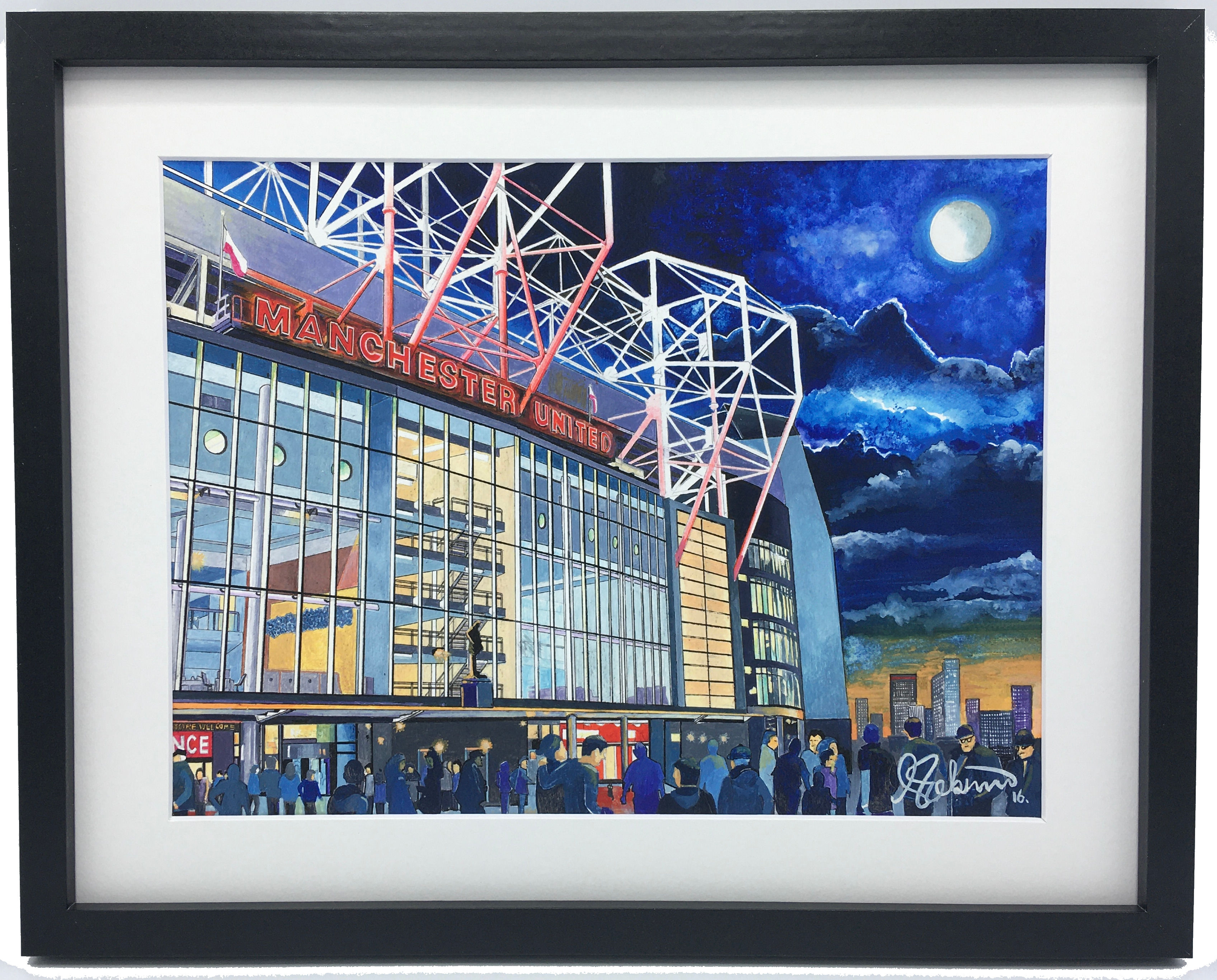 Manchester United Utd old Trafford football stadium. Ready to hang framed & mounted art print. Ideal wall art football club F.C memorabilia gift for birthdays, Christmas, Father’s Day. Perfect addition to any home or office. By artist Andrew Robinson.
