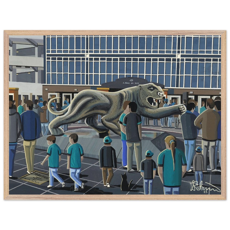 Thumbnail: Jacksonville jaguars  nfl framed art print canvas print poster printed ceramic mug by artist Andrew Robinson Andrew Robinson art andrewrobinsonart rugby NFL football soccer gifts art memorabilia