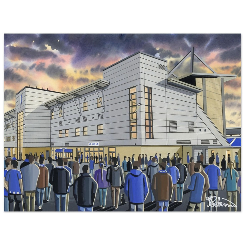 Thumbnail: Colchester United FC football stadium scene by artist Andrew Robinson andrewrobinsonart.com. Available in fine art print, poster, canvas prints and mugs etc 