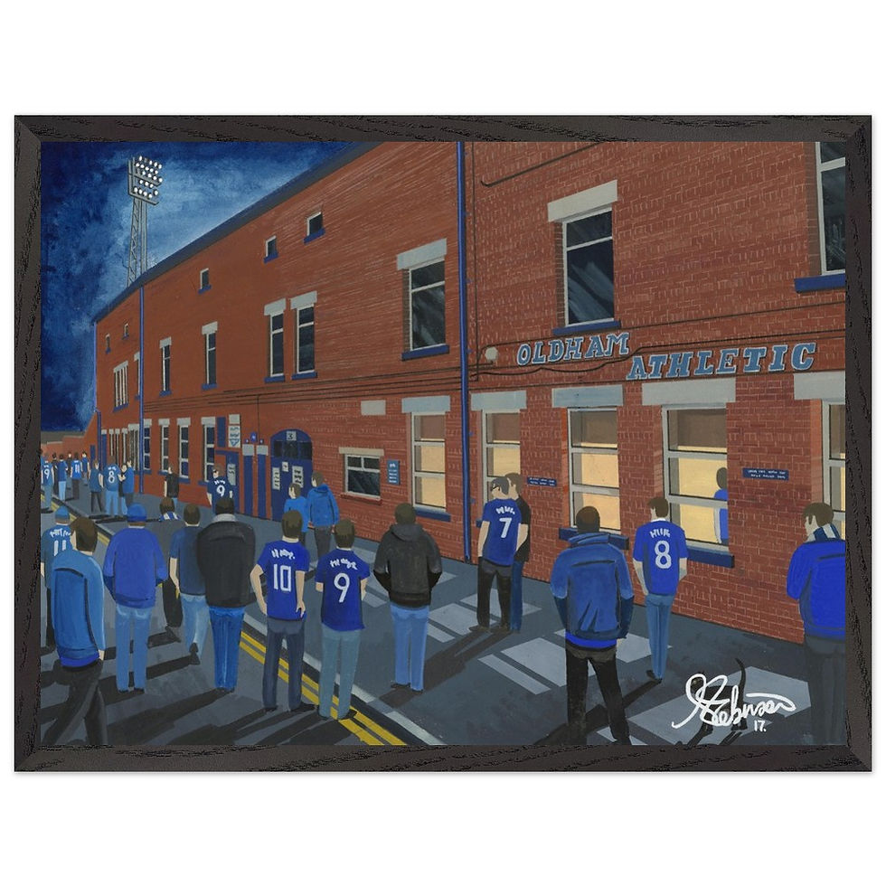 Thumbnail: Oldham Athletic FC Boundary Park Football Stadium Scene by artist Andrew Robinson andrewrobinsonart.com. Available in fine art print, poster, canvas prints and mugs etc 