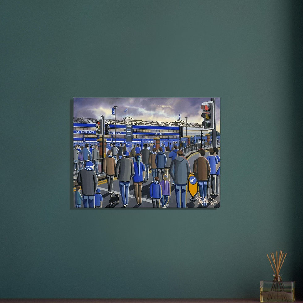 Thumbnail: Birmingham City F.C, Football  Stadium By Artist Andrew Robinson andrewrobinsonart.com, Andrew Robinson art .Framed Fine Art Prints, Posters, Canvas Prints, Framed canvas prints, Ceramic Mugs etc sport, football, rugby, NFL