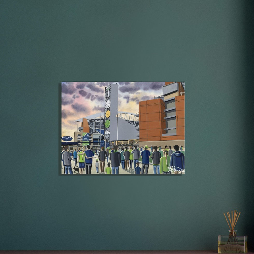 Thumbnail: Seattle Seahawks NFL Stadium By Artist Andrew Robinson andrewrobinsonart.com, Andrew Robinson art .Framed Fine Art Prints, Posters, Canvas Prints, Framed canvas prints, Ceramic Mugs etc sport, football, rugby, NFL