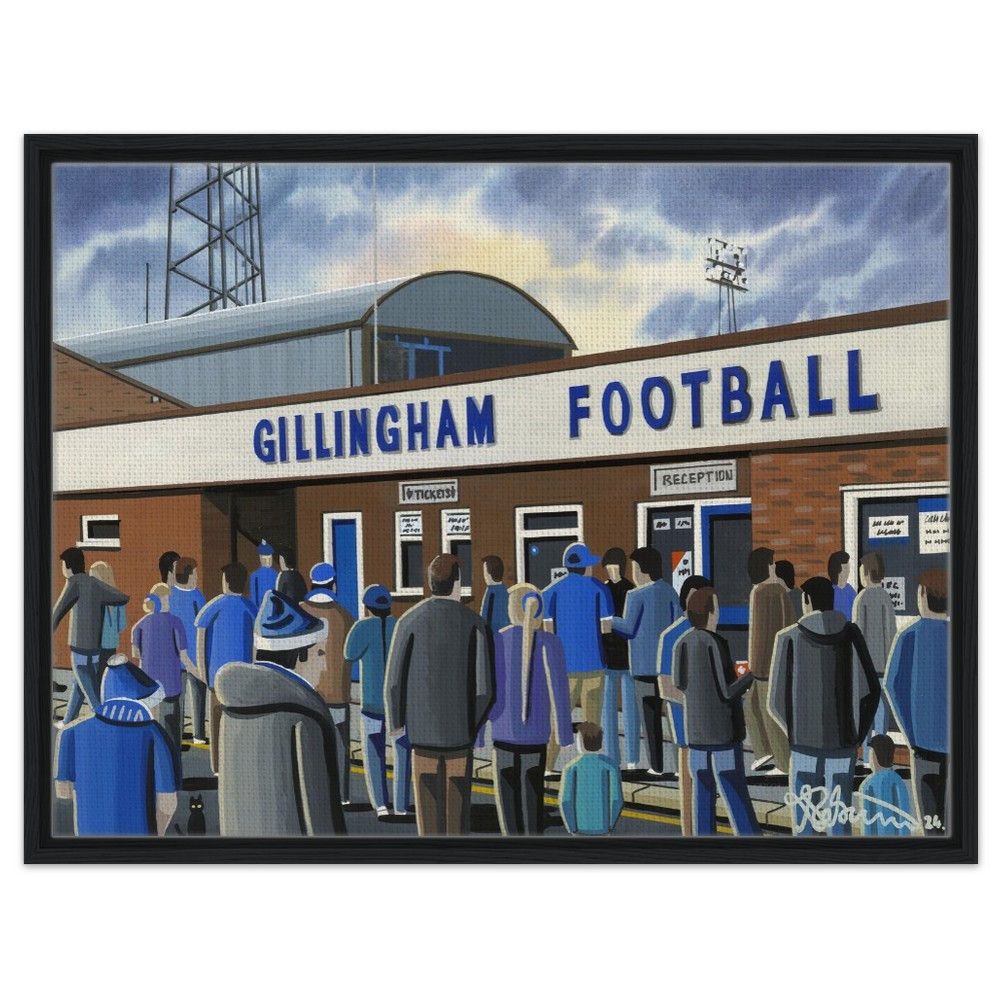 Gillingham F.C, Retro Priestfield Stadium By Artist Andrew Robinson andrewrobinsonart.com, Andrew Robinson art. Framed Fine Art Prints, Posters, Canvas Prints, Framed canvas prints, Ceramic Mugs etc sport, football, rugby, NFL