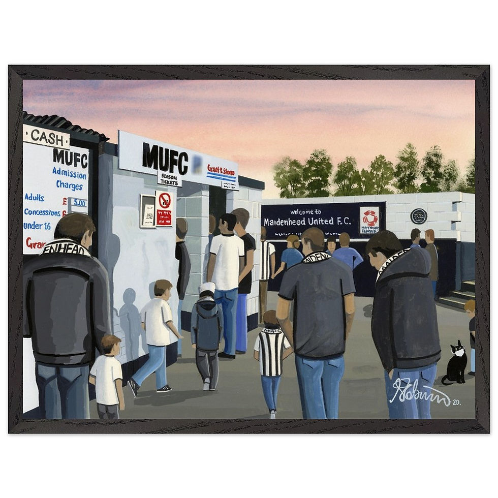 Thumbnail: maidenhead United FC York Road football stadium scene by artist Andrew Robinson andrewrobinsonart.com. Available in fine art print, poster, canvas prints and mugs etc 
