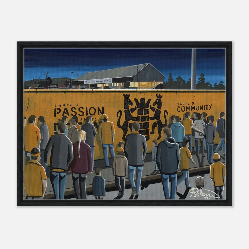 Thumbnail: Carrick Rangers Taylors Avenue  Stadium. Football Framed Canvas Print. Ceramic Mugs, Fine Art Prints and posters etc By Artist Andrew Robinson. andrewrobinsonart.com