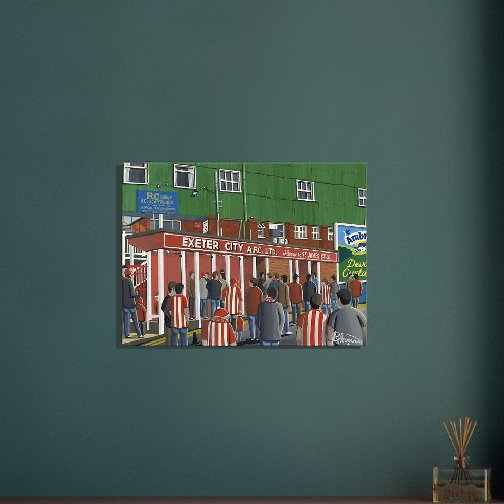Thumbnail: Exeter City F.C Football Stadium  By Artist Andrew Robinson andrewrobinsonart.com, Andrew Robinson art .Framed Fine Art Prints, Posters, Canvas Prints, Framed canvas prints, Ceramic Mugs etc sport, football, rugby, NFL