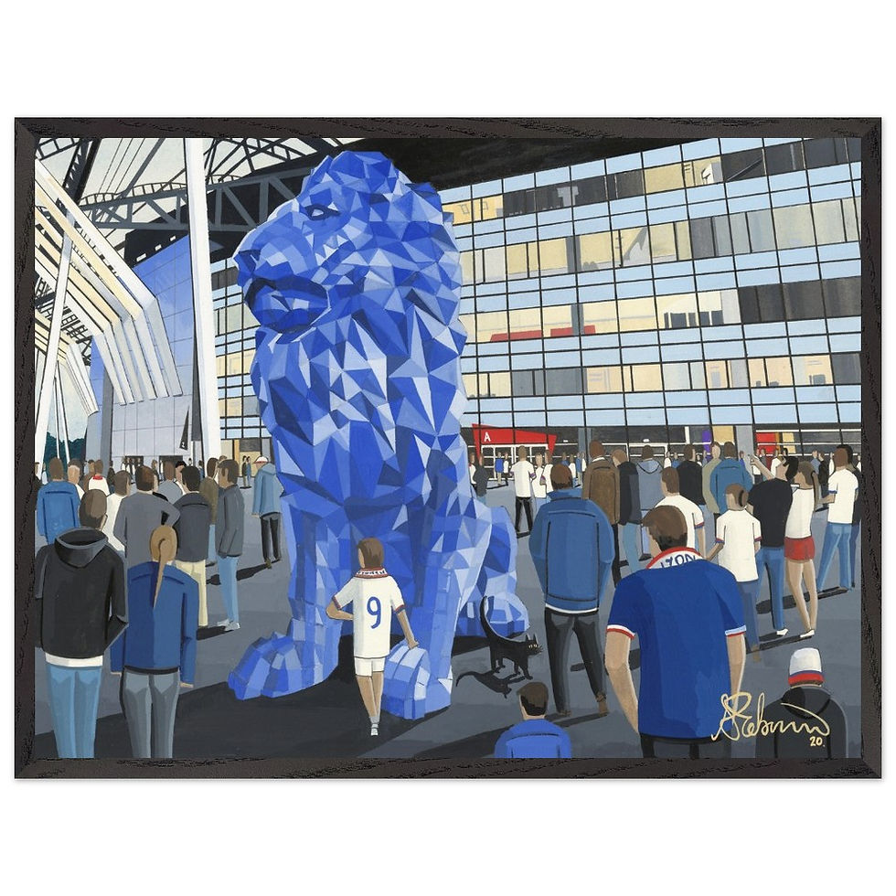 Thumbnail: Lyon FC Football Stadium Scene by artist Andrew Robinson andrewrobinsonart.com. Available in fine art print, poster, canvas prints and mugs etc