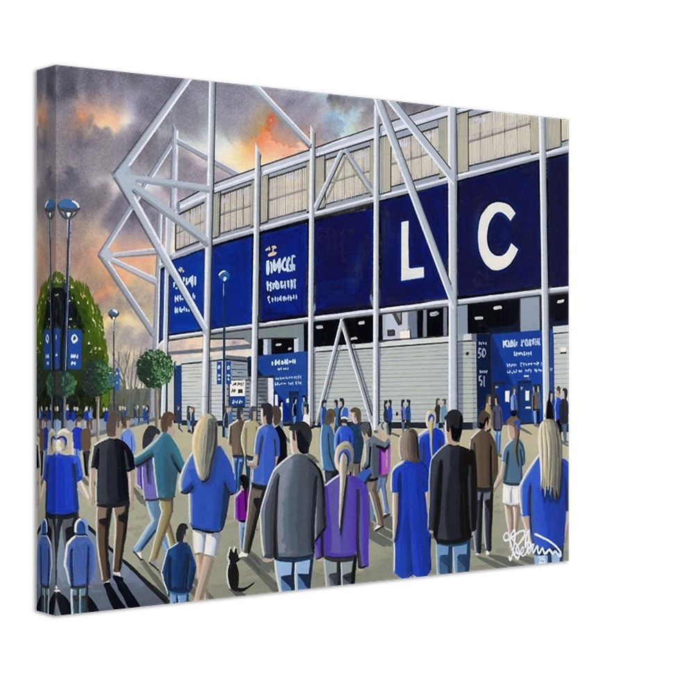 Thumbnail: Leicester City FC King Power football stadium scene by artist Andrew Robinson andrewrobinsonart.com. Available in fine art print, poster, canvas prints and mugs etc 