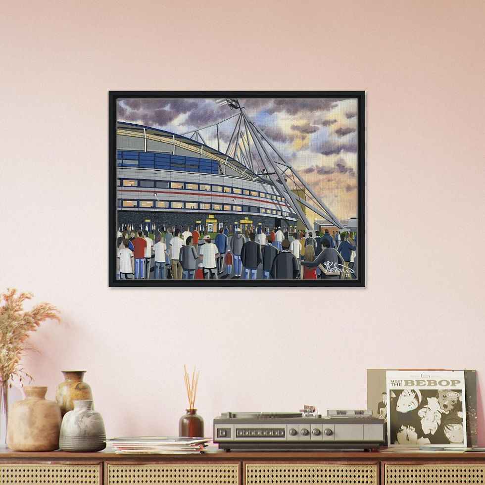 Thumbnail: Bolton Wanderers F.C Stadium. Football Framed Canvas Print. Ceramic Mugs, Fine Art Prints and posters etc By Artist Andrew Robinson. andrewrobinsonart.com