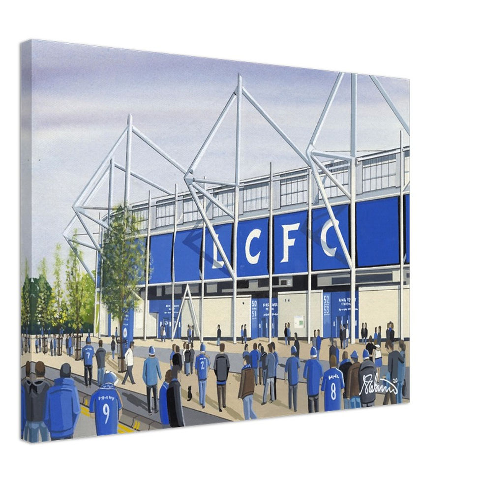 Leicester City F.C, Football Stadium By Artist Andrew Robinson andrewrobinsonart.com, Andrew Robinson art .Framed Fine Art Prints, Posters, Canvas Prints, Framed canvas prints, Ceramic Mugs etc sport, football, rugby, NFL