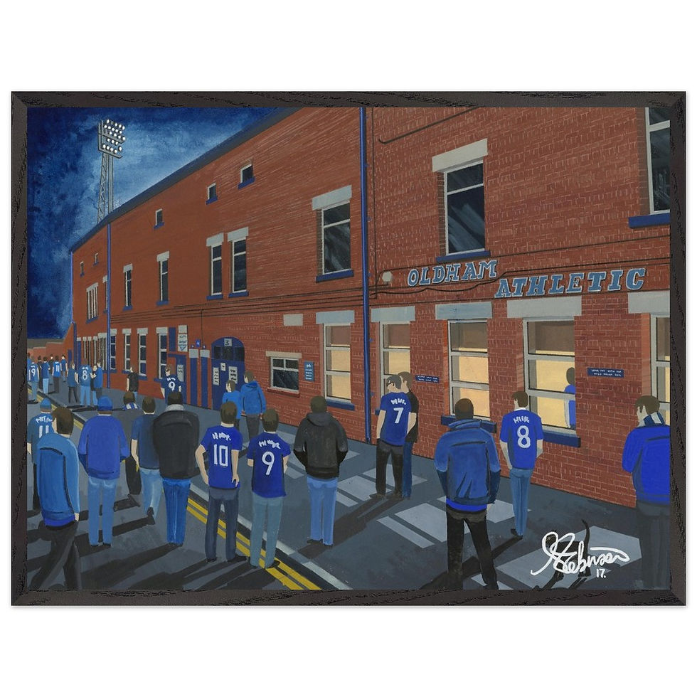 Thumbnail: Oldham Athletic FC Boundary Park Football Stadium Scene by artist Andrew Robinson andrewrobinsonart.com. Available in fine art print, poster, canvas prints and mugs etc 