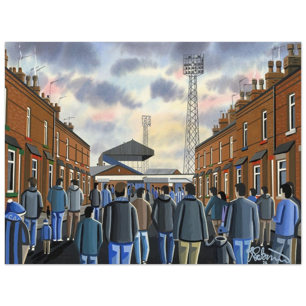 Wigan Athletic F.C, Retro Springfield Park Stadium By Artist Andrew Robinson andrewrobinsonart.com, Andrew Robinson art .Framed Fine Art Prints, Posters, Canvas Prints, Framed canvas prints, Ceramic Mugs etc sport, football, rugby, NFL