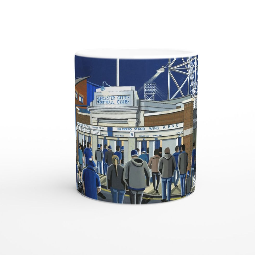 Thumbnail: Leicester City FC retro Filbert Street stadium scene by artist Andrew Robinson andrewrobinsonart.com. Available in fine art print, poster, canvas prints and mugs etc 